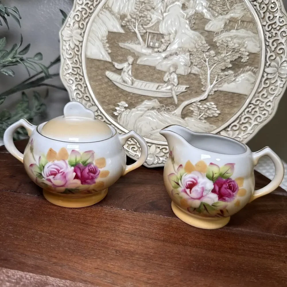 Hand Painted Porcelain Creamer Sugar Bowl Pink Roses Gold Trim Set Vintage
